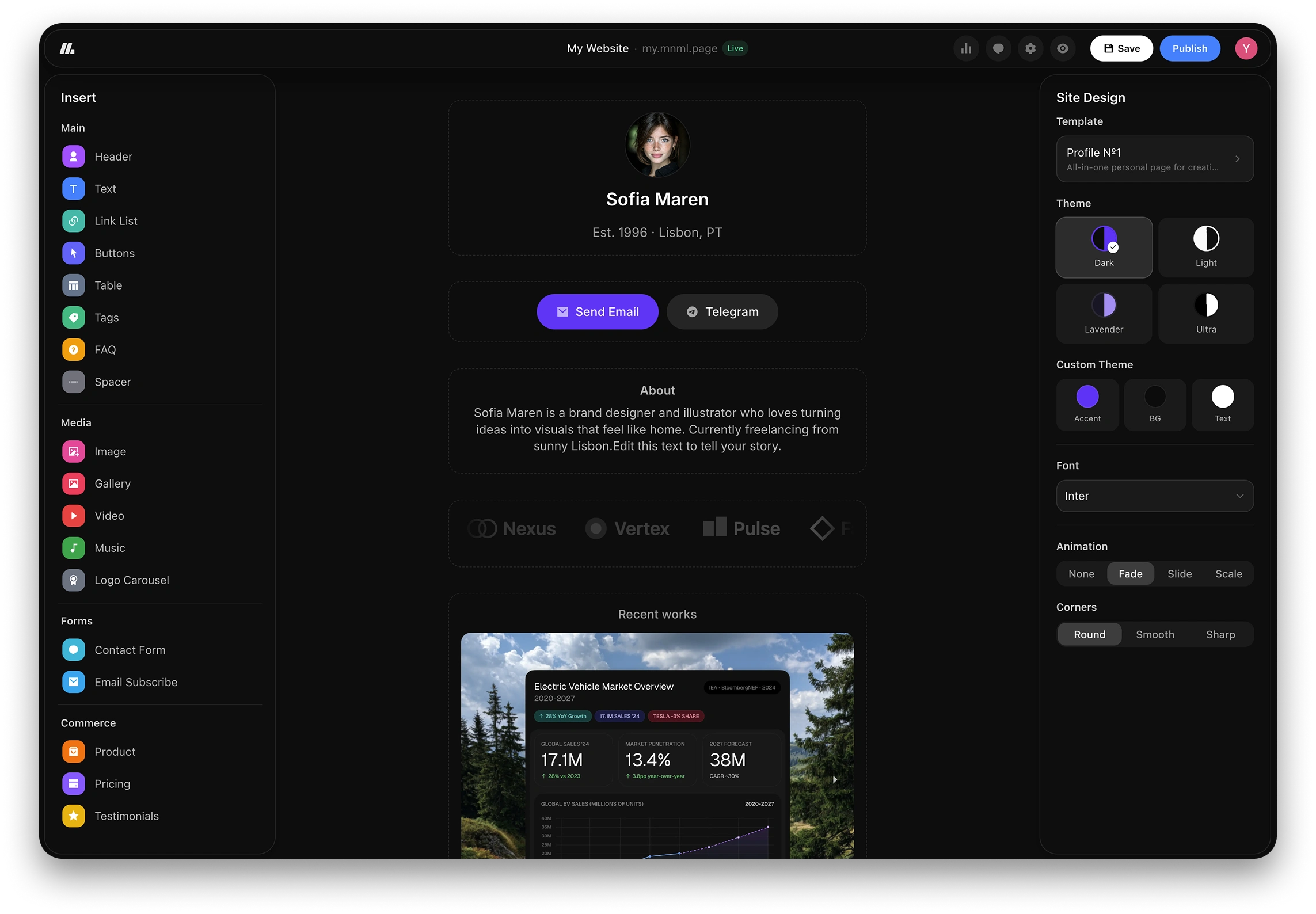mnml drag-and-drop editor with templates, blocks, and design customization